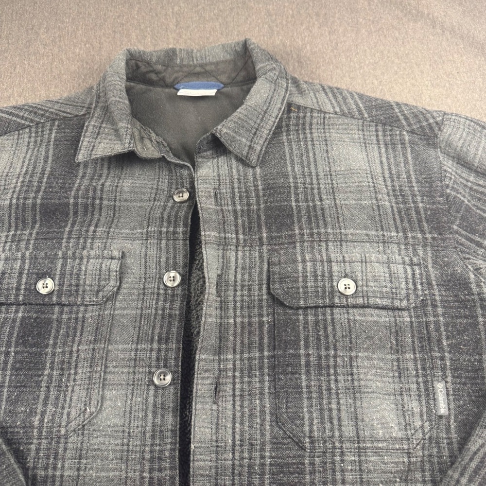 Columbia Mens Grey Plaid Sherpa Lined Flannel‎ Shirt Jacket Medium Wool Blend